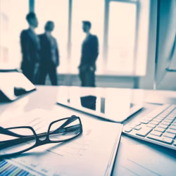close-up-keyboard-glasses-with-executives-background_1098-3635